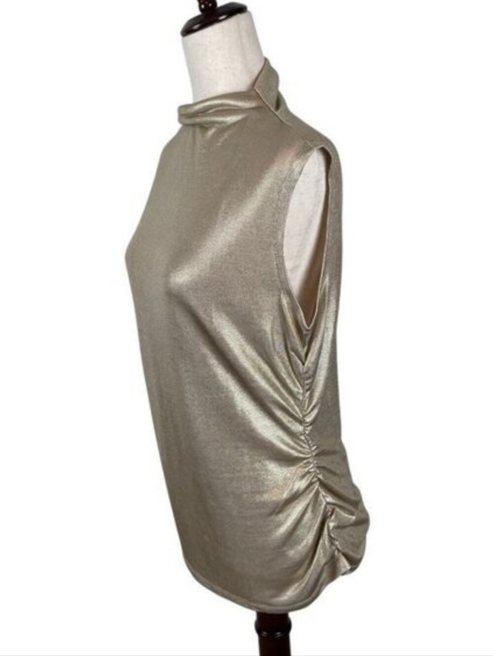 Rebecca Minkoff Shimmery Gold Mock Neck Top With Ruching - Picture 3 of 11